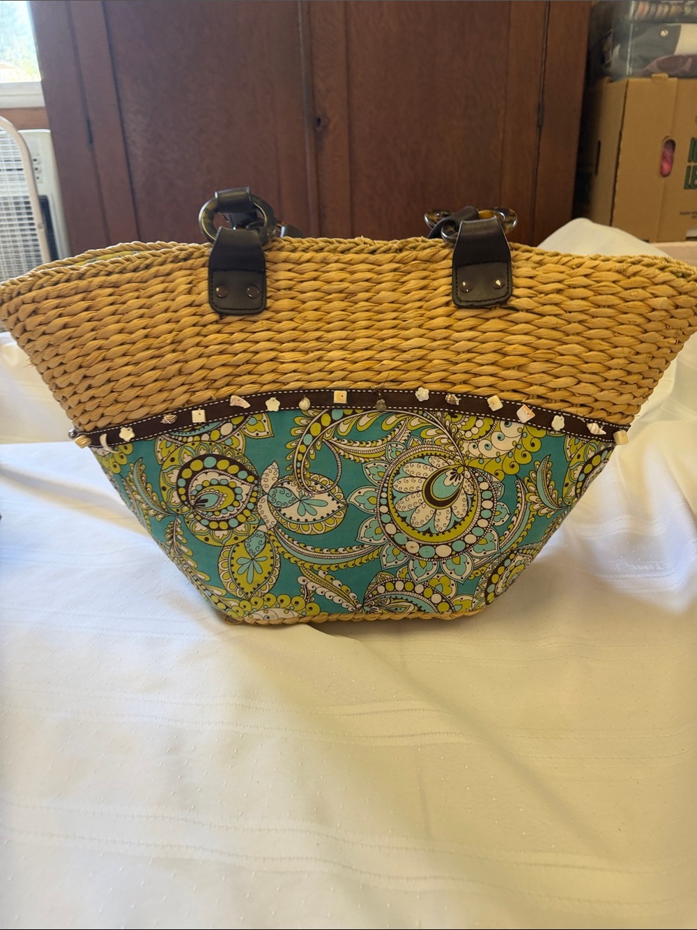 Vera Bradley Turquoise and Yellow Paisley Straw Tote